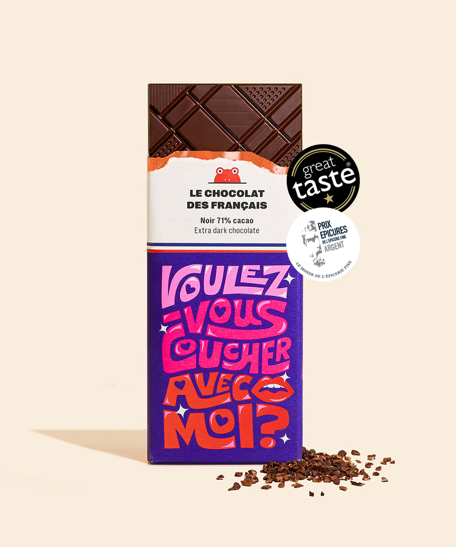 Tablette chocolat noir & fèves de cacao "Voulez-vous coucher avec moi ?" - packshot