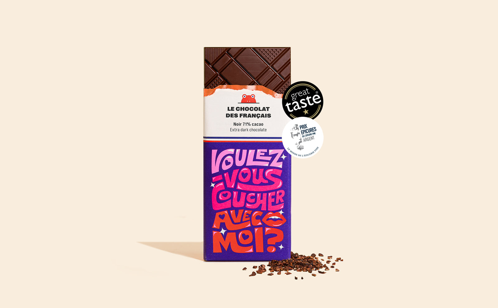 Tablette chocolat noir & fèves de cacao "Voulez-vous coucher avec moi ?" - packshot